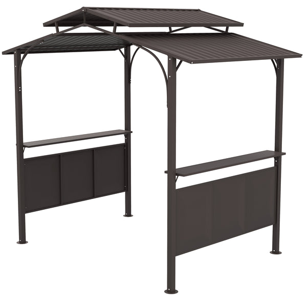 Outsunny 8'x5' BBQ Grill Gazebo with 2 Side Shelves, Outdoor Double Tiered Interlaced Polycarbonate Roof with Steel Frame, Brown