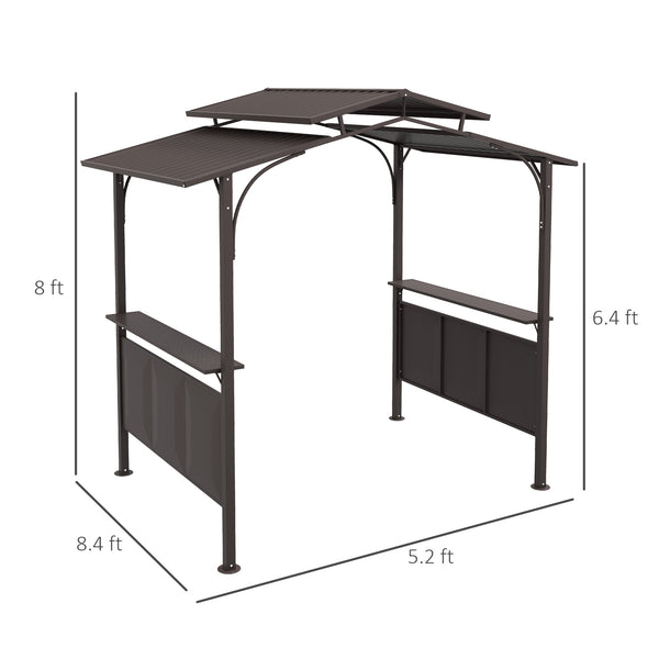 Outsunny 8'x5' BBQ Grill Gazebo with 2 Side Shelves, Outdoor Double Tiered Interlaced Polycarbonate Roof with Steel Frame, Brown