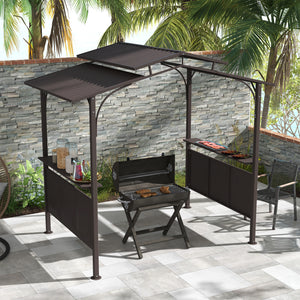 Outsunny 8'x5' BBQ Grill Gazebo with 2 Side Shelves, Outdoor Double Tiered Interlaced Polycarbonate Roof with Steel Frame, Brown