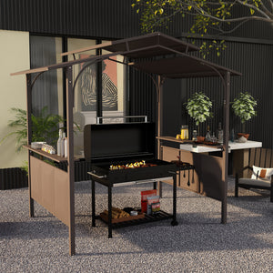 Outsunny 8'x5' BBQ Grill Gazebo with 2 Side Shelves, Outdoor Double Tiered Interlaced Polycarbonate Roof with Steel Frame, Brown