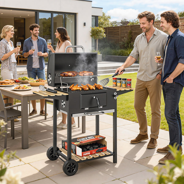Charcoal BBQ Grill with Height Adjustable Charcoal Pan, Barbecue Smoker with Warming Rack, 3 Shelves, Temperature Gauge, Wheels, Bottle Opener for Outdoor Cooking Garden Party