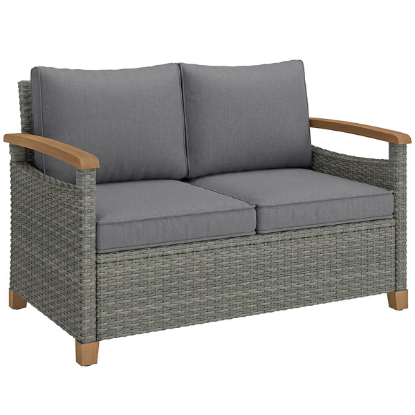 2 Seater Rattan Garden Sofa, Outdoor Sofa with Thickened Cushions and Acacia Wood Armrests, All Weather Small Rattan Garden Furniture Loveseat for Patio, Balcony, Porch, Dark Grey