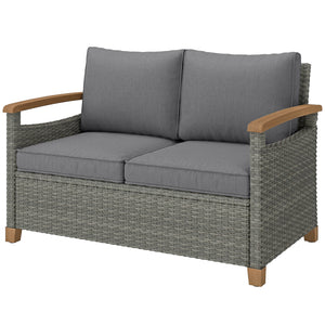 2 Seater Rattan Garden Sofa, Outdoor Sofa with Thickened Cushions and Acacia Wood Armrests, All Weather Small Rattan Garden Furniture Loveseat for Patio, Balcony, Porch, Dark Grey