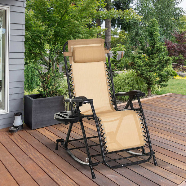 Outsunny Outdoor Rocking Chairs, Foldable Reclining Zero Gravity Lounge Rocker with Pillow, Cup & Phone Holder, Combo Design with Folding Legs, Beige