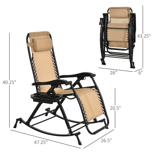 Outsunny Outdoor Rocking Chairs, Foldable Reclining Zero Gravity Lounge Rocker with Pillow, Cup & Phone Holder, Combo Design with Folding Legs, Beige