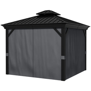 Outsunny 10' x 12' Hardtop Gazebo with Curtains and Netting, Permanent Pavilion Metal Double Roof Gazebo Canopy with Aluminum Frame and Hooks, for Garden, Patio, Backyard, Dark Gray