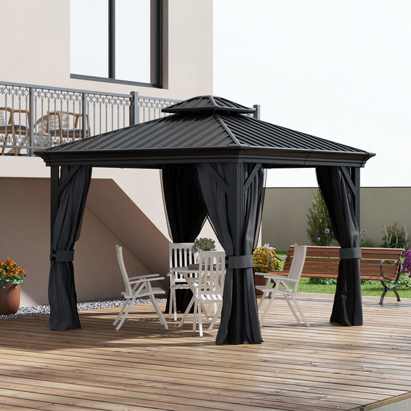 Outsunny 10' x 12' Hardtop Gazebo with Curtains and Netting, Permanent Pavilion Metal Double Roof Gazebo Canopy with Aluminum Frame and Hooks, for Garden, Patio, Backyard, Dark Gray