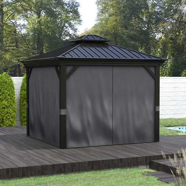 Outsunny 10' x 12' Hardtop Gazebo with Curtains and Netting, Permanent Pavilion Metal Double Roof Gazebo Canopy with Aluminum Frame and Hooks, for Garden, Patio, Backyard, Dark Gray