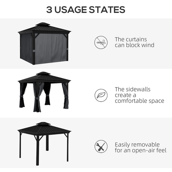 Outsunny 10' x 12' Hardtop Gazebo with Curtains and Netting, Permanent Pavilion Metal Double Roof Gazebo Canopy with Aluminum Frame and Hooks, for Garden, Patio, Backyard, Dark Gray