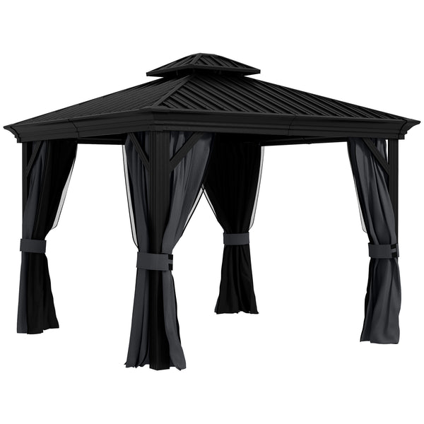 Outsunny 10' x 12' Hardtop Gazebo with Curtains and Netting, Permanent Pavilion Metal Double Roof Gazebo Canopy with Aluminum Frame and Hooks, for Garden, Patio, Backyard, Dark Gray