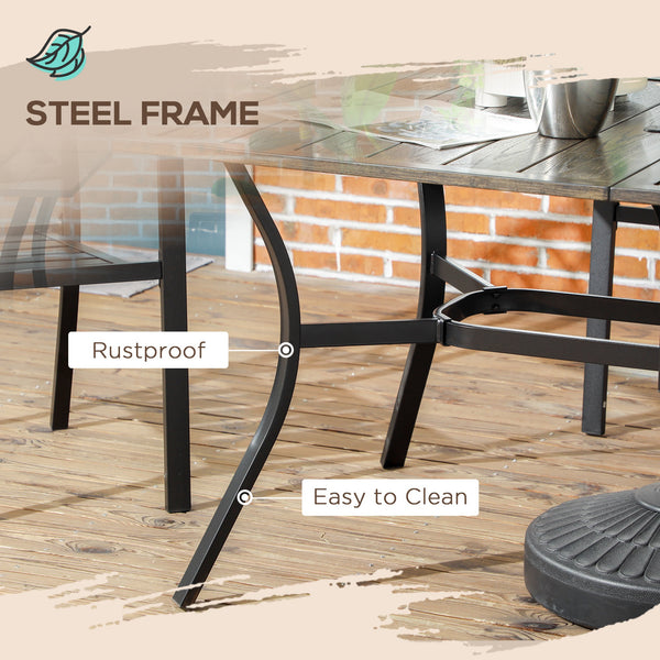 Garden Table with Parasol Hole, Outdoor Garden Dining Table with Wood Grain Tabletop and Steel Frame for Patio, Deck, Balcony, Brown, 150 x 96 x 73cm