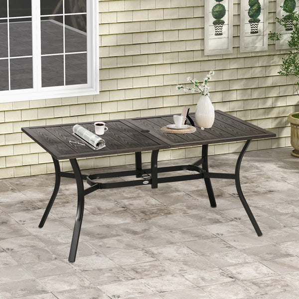 Garden Table with Parasol Hole, Outdoor Garden Dining Table with Wood Grain Tabletop and Steel Frame for Patio, Deck, Balcony, Brown, 150 x 96 x 73cm