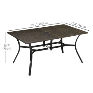 59 Inch Outdoor Dining Table for Six, Patio Table with Parasol Hole, Wood Grain Tabletop, Steel Frame, for Backyard, Garden, Balcony, Deck, Brown