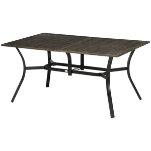 Garden Table with Parasol Hole, Outdoor Garden Dining Table with Wood Grain Tabletop and Steel Frame for Patio, Deck, Balcony, Brown, 150 x 96 x 73cm