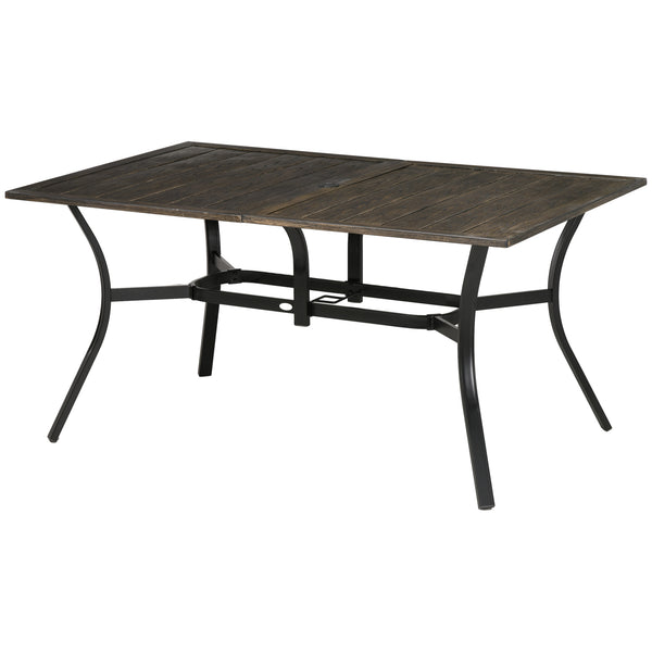 Garden Table with Parasol Hole, Outdoor Garden Dining Table with Wood Grain Tabletop and Steel Frame for Patio, Deck, Balcony, Brown, 150 x 96 x 73cm