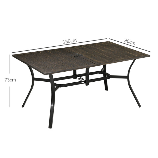 Garden Table with Parasol Hole, Outdoor Garden Dining Table with Wood Grain Tabletop and Steel Frame for Patio, Deck, Balcony, Brown, 150 x 96 x 73cm