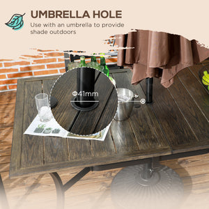 Garden Table with Parasol Hole, Outdoor Garden Dining Table with Wood Grain Tabletop and Steel Frame for Patio, Deck, Balcony, Brown, 150 x 96 x 73cm