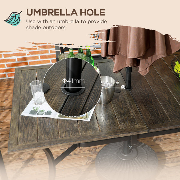 Garden Table with Parasol Hole, Outdoor Garden Dining Table with Wood Grain Tabletop and Steel Frame for Patio, Deck, Balcony, Brown, 150 x 96 x 73cm