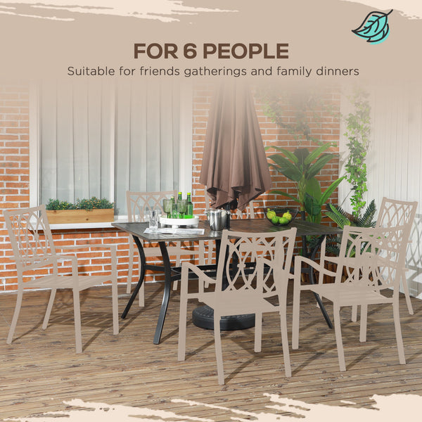 Garden Table with Parasol Hole, Outdoor Garden Dining Table with Wood Grain Tabletop and Steel Frame for Patio, Deck, Balcony, Brown, 150 x 96 x 73cm