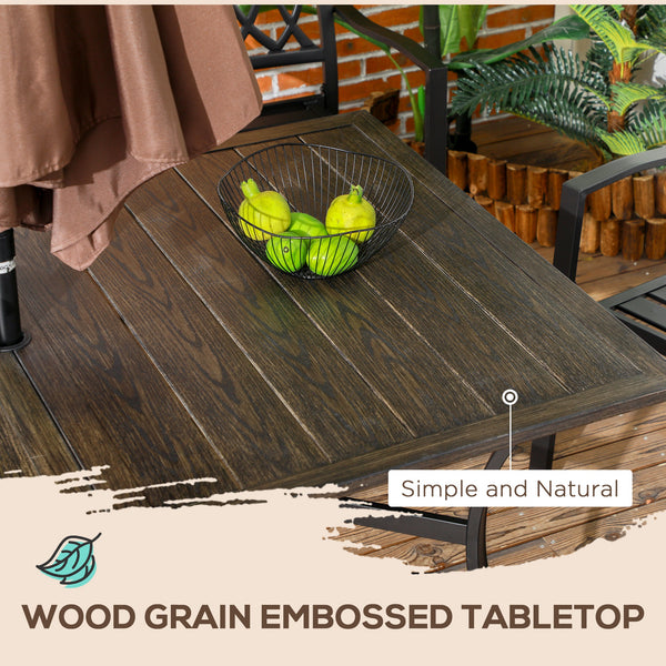 Garden Table with Parasol Hole, Outdoor Garden Dining Table with Wood Grain Tabletop and Steel Frame for Patio, Deck, Balcony, Brown, 150 x 96 x 73cm