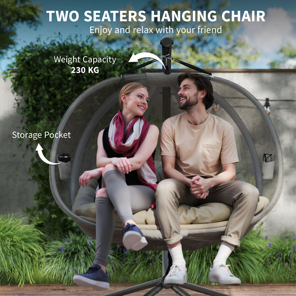 Double Egg Chair with Stand, 2 Person Hanging Swing Egg Chair Outdoor Indoor, 528 LBS Capacity Loveseat Hammock Swing with Cushion, Pockets, Khaki