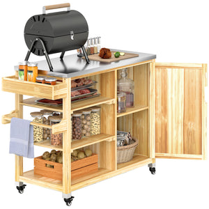 Outsunny Outdoor Grill Cart with Wheels and Storage Cabinet, Solid Wood Outdoor Kitchen Island with Stainless Steel Top, Movable Bar Cart with Spice Rack, Towel Rack for Camping, BBQ, Natural Wood