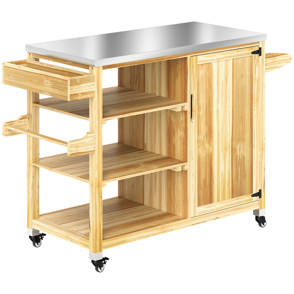 Outsunny Outdoor Grill Cart with Wheels and Storage Cabinet, Solid Wood Outdoor Kitchen Island with Stainless Steel Top, Movable Bar Cart with Spice Rack, Towel Rack for Camping, BBQ, Natural Wood