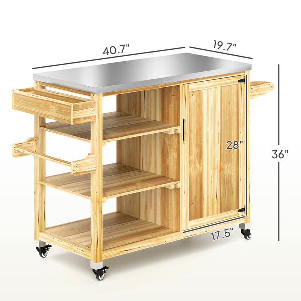 Outsunny Outdoor Grill Cart with Wheels and Storage Cabinet, Solid Wood Outdoor Kitchen Island with Stainless Steel Top, Movable Bar Cart with Spice Rack, Towel Rack for Camping, BBQ, Natural Wood