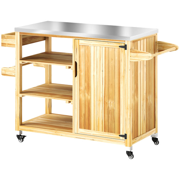 Outsunny Outdoor Grill Cart with Wheels and Storage Cabinet, Solid Wood Outdoor Kitchen Island with Stainless Steel Top, Movable Bar Cart with Spice Rack, Towel Rack for Camping, BBQ, Natural Wood