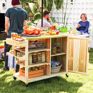 Outsunny Outdoor Grill Cart with Wheels and Storage Cabinet, Solid Wood Outdoor Kitchen Island with Stainless Steel Top, Movable Bar Cart with Spice Rack, Towel Rack for Camping, BBQ, Natural Wood