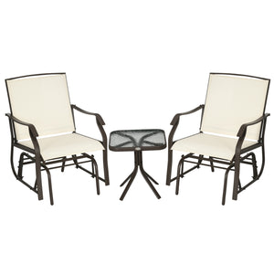 3 Piece Outdoor Glider Chair with Coffee Table Bistro Set, 2 Patio Rocking Swing Chairs with Breathable Sling Fabric, Glass Tabletop, for Backyard, Garden and Porch, Cream White