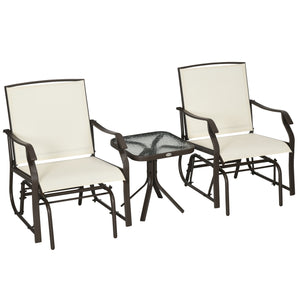 3 Piece Outdoor Glider Chair with Coffee Table Bistro Set, 2 Patio Rocking Swing Chairs with Breathable Sling Fabric, Glass Tabletop, for Backyard, Garden and Porch, Cream White