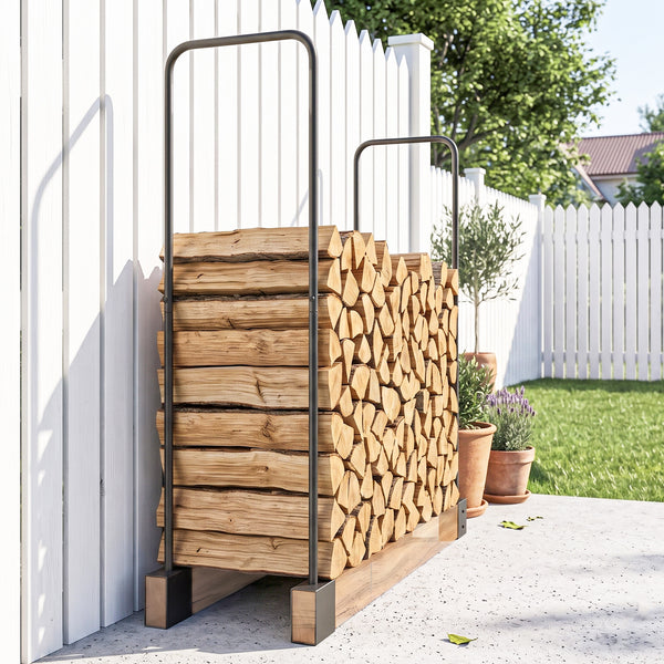 DIY Firewood Rack with Customisable Width, Heavy Duty Steel Log Store Indoors, Outdoor Log Storage Bracket Holder, Black