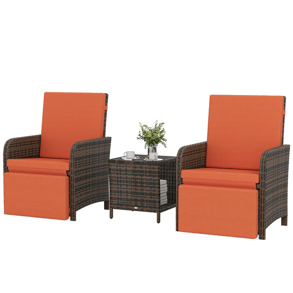 3 Pieces Rattan Bistro Set, Reclining Garden Chairs and 2-Tier Storage Glass-Top Table, PE Wicker Garden Furniture Conversation Set with Cushions for Outdoor, Patio, Balcony, Orange