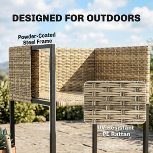 7 Piece Rattan Garden Furniture Set, Garden Dining Set with Wood-Plastic Table and 6 Stackable Chairs, Rattan Table and Chairs with 12 Cushions for Patio Terrace, Light Brown
