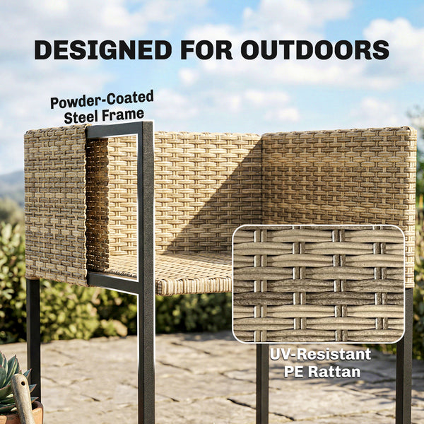 7 Piece Rattan Garden Furniture Set, Garden Dining Set with Wood-Plastic Table and 6 Stackable Chairs, Rattan Table and Chairs with 12 Cushions for Patio Terrace, Light Brown