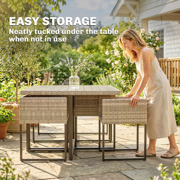 7 Piece Rattan Garden Furniture Set, Garden Dining Set with Wood-Plastic Table and 6 Stackable Chairs, Rattan Table and Chairs with 12 Cushions for Patio Terrace, Light Brown