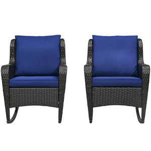 Outsunny Outdoor Wicker Rocking Chair Set of 2 with Wide Seat, Thick Cushions, Rattan Rockers with Steel Frame, High Weight Capacity for Patio, Garden, Backyard, Dark Blue