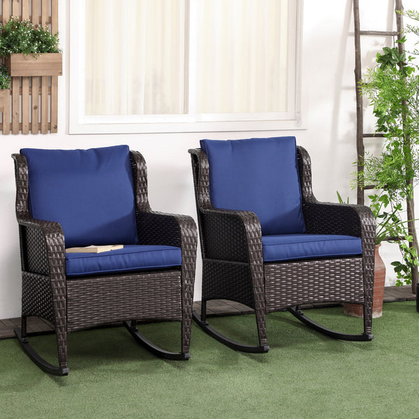 Outsunny Outdoor Wicker Rocking Chair Set of 2 with Wide Seat, Thick Cushions, Rattan Rockers with Steel Frame, High Weight Capacity for Patio, Garden, Backyard, Dark Blue