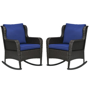 Outsunny Outdoor Wicker Rocking Chair Set of 2 with Wide Seat, Thick Cushions, Rattan Rockers with Steel Frame, High Weight Capacity for Patio, Garden, Backyard, Dark Blue