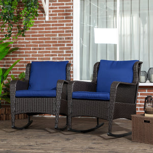 Outsunny Outdoor Wicker Rocking Chair Set of 2 with Wide Seat, Thick Cushions, Rattan Rockers with Steel Frame, High Weight Capacity for Patio, Garden, Backyard, Dark Blue