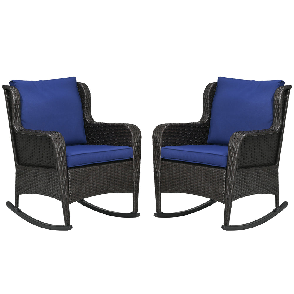 Outsunny Outdoor Wicker Rocking Chair Set of 2 with Wide Seat, Thick Cushions, Rattan Rockers with Steel Frame, High Weight Capacity for Patio, Garden, Backyard, Dark Blue