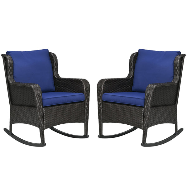 Outsunny Outdoor Wicker Rocking Chair Set of 2 with Wide Seat, Thick Cushions, Rattan Rockers with Steel Frame, High Weight Capacity for Patio, Garden, Backyard, Dark Blue