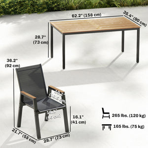 7 Piece Outdoor Dining Set, Rectangle Patio Table and 6 Mesh Chairs with Slatted Tabletop, All Weather Outdoor Dining Furniture Set for Backyard, Deck, Garden, Black