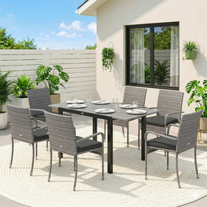 7 Piece Rattan Garden Furniture Set, 6 Seater Garden Table and 6 Stackable Chairs with Extendable Acacia Wood Tabletop, All-Weather Outdoor Furniture with Cushions for Patio, Light Grey
