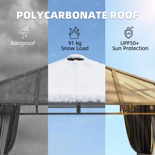 3 x 3 m Outdoor Hardtop Gazebo Canopy with Polycarbonate Roof, Waterproof Aluminium Permanent Pavilion Garden Gazebo Patio Shelter with Curtains, Tan