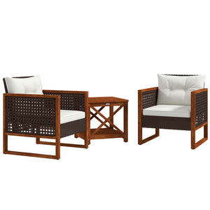 Outsunny 3 Pieces Wicker Outdoor Bistro Set, Rattan Patio Furniture Set with Acacia Wood Coffee Table and Porch Chairs for Backyard, Balcony, Garden, Brown