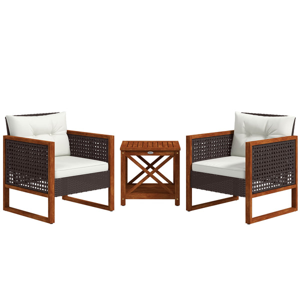 Outsunny 3 Pieces Wicker Outdoor Bistro Set, Rattan Patio Furniture Set with Acacia Wood Coffee Table and Porch Chairs for Backyard, Balcony, Garden, Brown