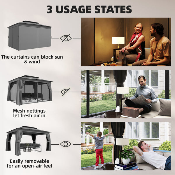 10' x 12.5' Outdoor Gazebo with Curtains and Netting, Double Roof Patio Gazebo Permanent Pavilion Canopy Shelter with Metal Frame, Hooks, UPF30+ Protection, Dark Grey