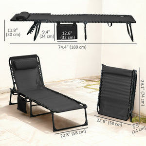 Folding Lounge Chair, Reclining Tanning Chair, Portable Sun Lounger with Adjustable Backrest and Removable Pillow for Patio, Garden, Beach, Black